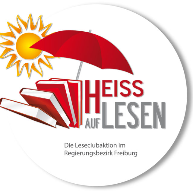 Logo mit dem Schriftzug "Heiß auf Lesen" mit einem roten Sonnenschirm, roten Büchern und einer gelben Sonne