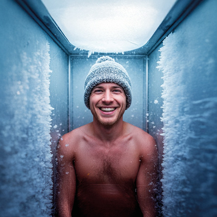 Eine Person sitzt in einer Kältekammer, umgeben von frostigen Wänden. Die Person trägt eine Mütze und hat einen nackten Oberkörper.