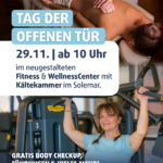 Im oberen Teil des Bilds wird eine Frau von zwei Händen massiert. Im unteren Teil des Bild trainiert eine Frau im hellblauen T-Shirt an einem Sportgerät.